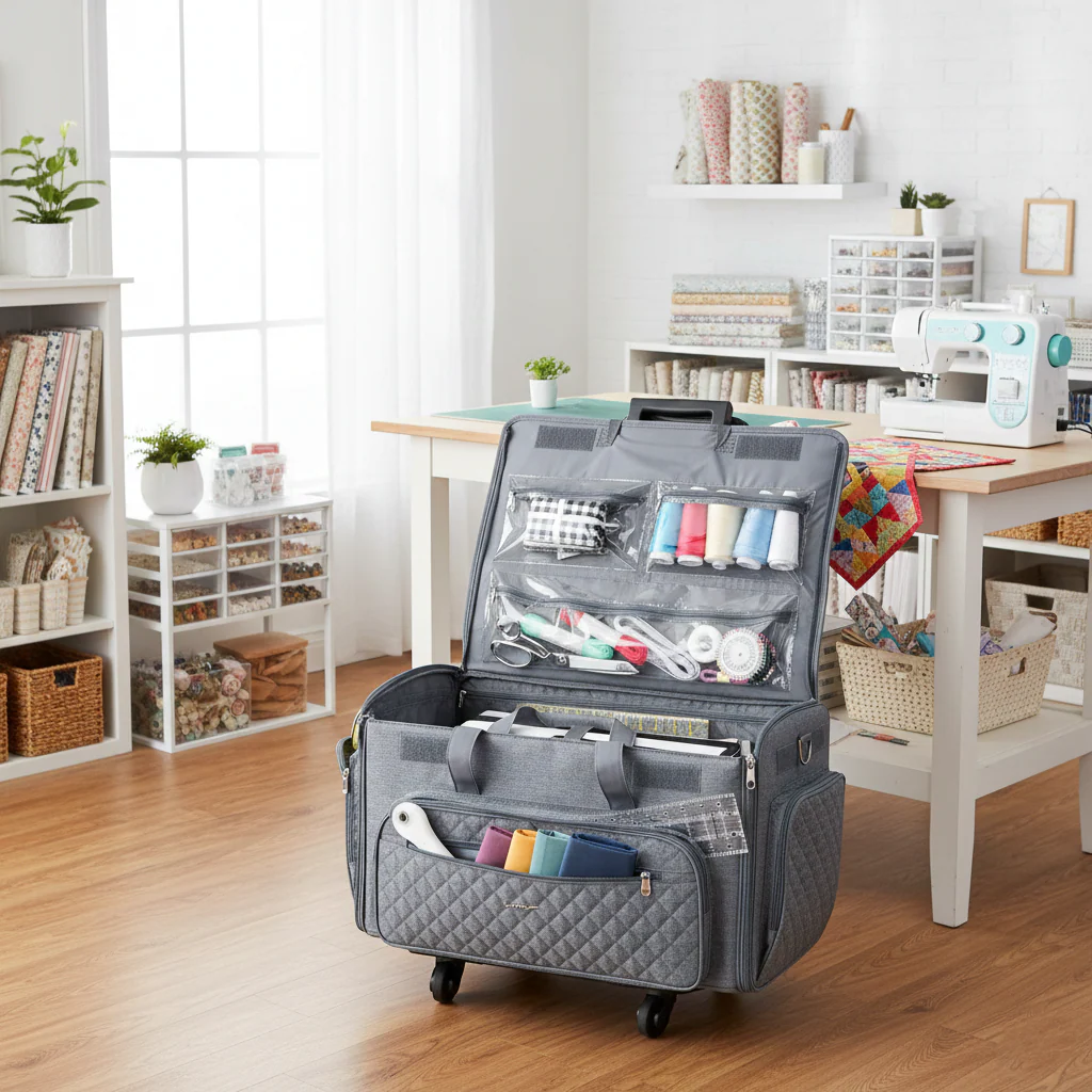 Everything Mary XXL 4 Wheel Collapsible Rolling Sewing Machine Storage Case, Grey Quilted 2 Everything Mary XXL 4 Wheel Collapsible Rolling Sewing Machine Storage Case, Grey Quilted