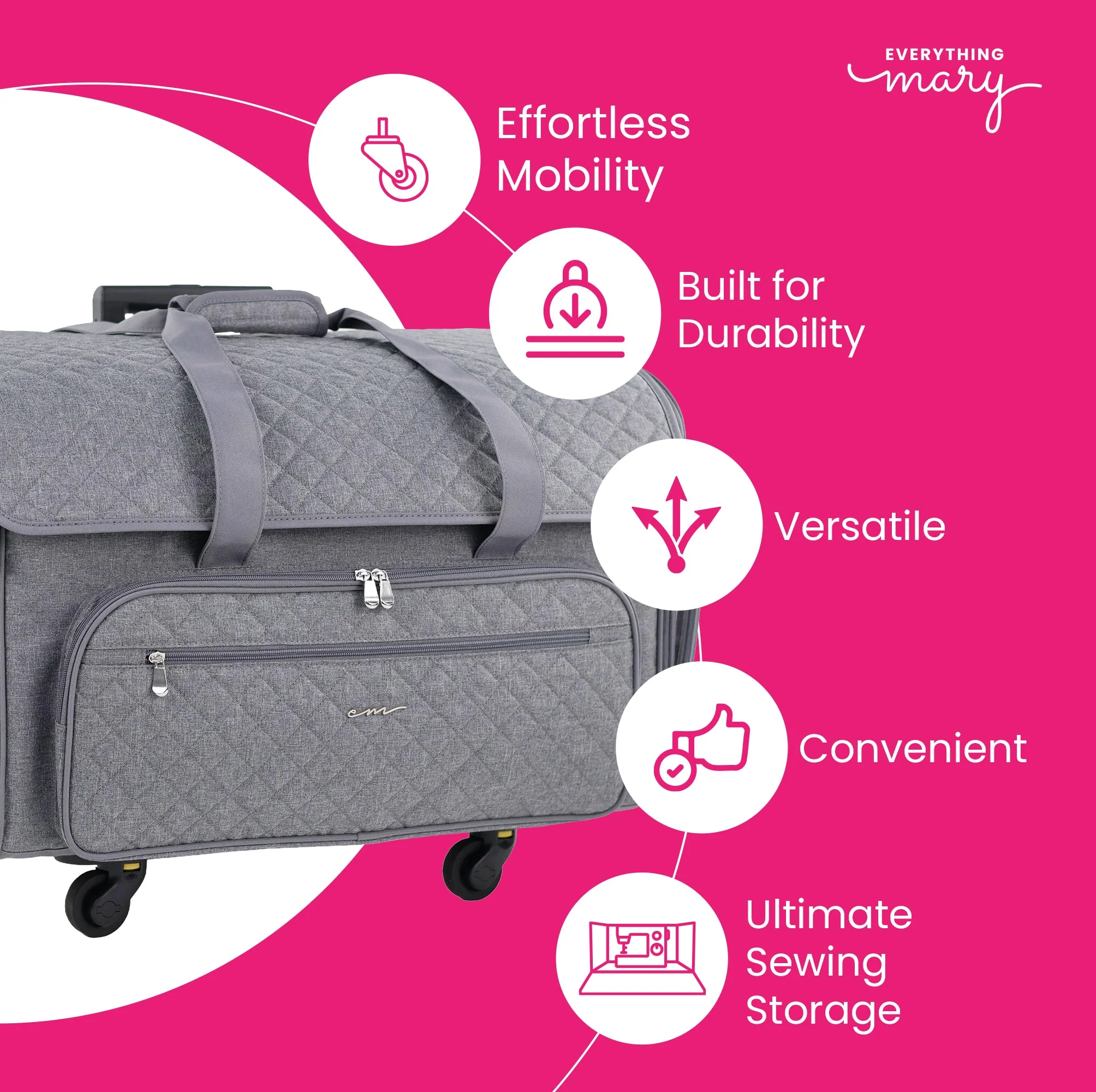 Everything Mary XXL 4 Wheel Collapsible Rolling Sewing Machine Storage Case, Grey Quilted 3 Everything Mary XXL 4 Wheel Collapsible Rolling Sewing Machine Storage Case, Grey Quilted
