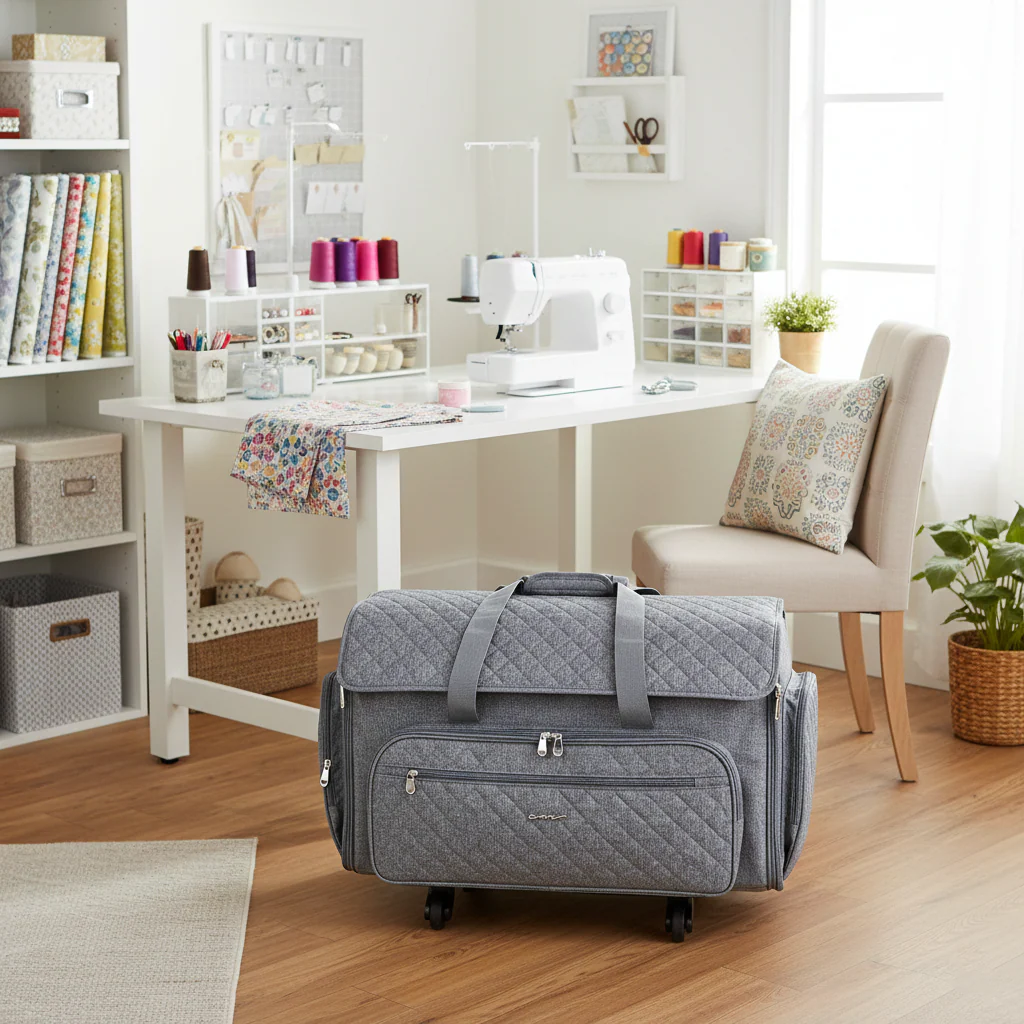 Everything Mary XXL 4 Wheel Collapsible Rolling Sewing Machine Storage Case, Grey Quilted 6 Everything Mary XXL 4 Wheel Collapsible Rolling Sewing Machine Storage Case, Grey Quilted