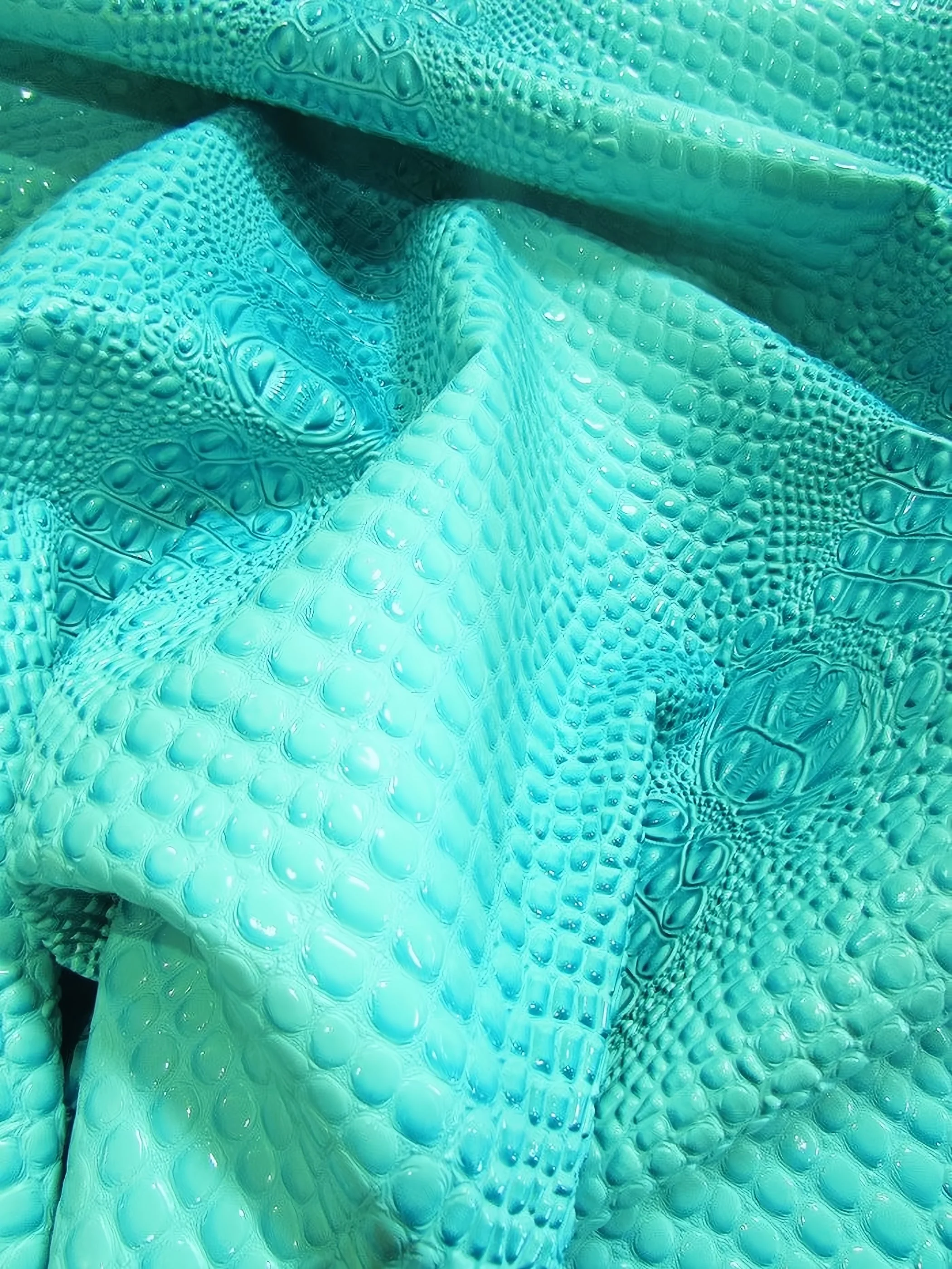 Fiji Turquoise Florida Gator 3D Embossed Vinyl Fabric / Sold By The Yard 1 Fiji Turquoise Florida Gator 3D Embossed Vinyl Fabric / Sold By The Yard