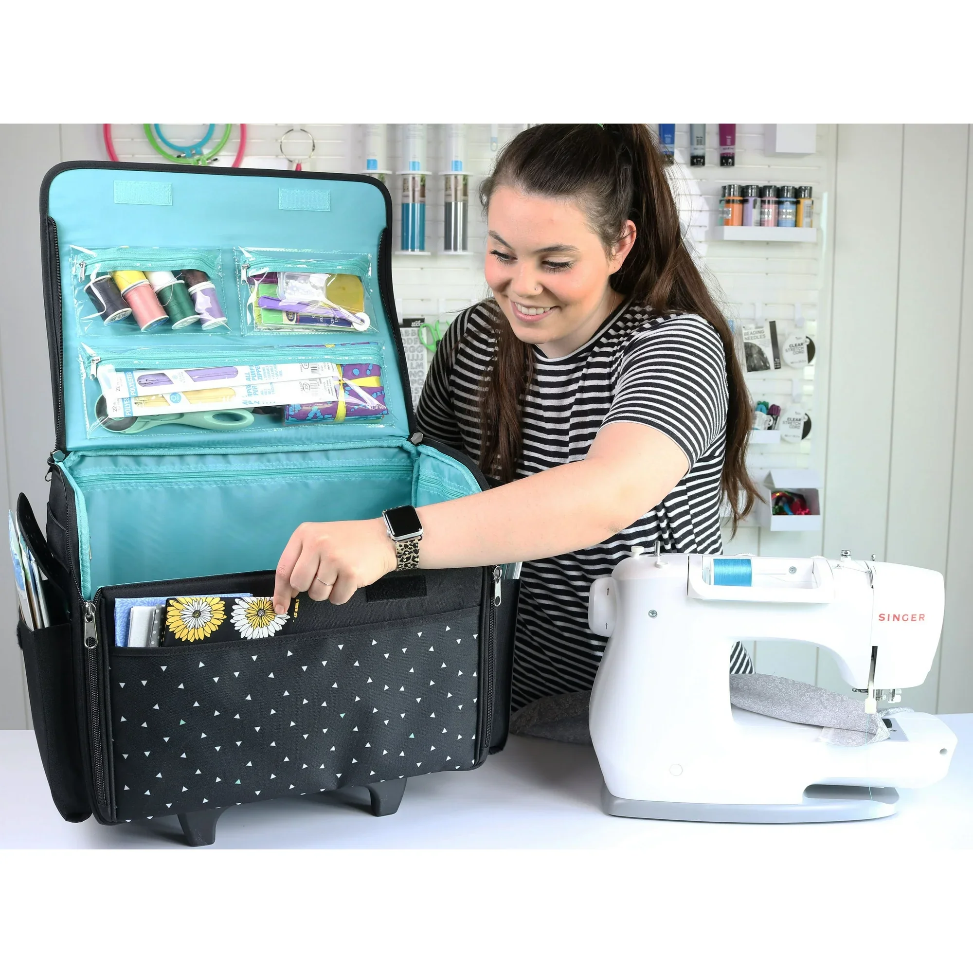 Rolling Sewing Machine Tote, Black & White Triangle Bag with Wheels & Telescoping Handle 4 Rolling Sewing Machine Tote, Black & White Triangle Bag with Wheels & Telescoping Handle