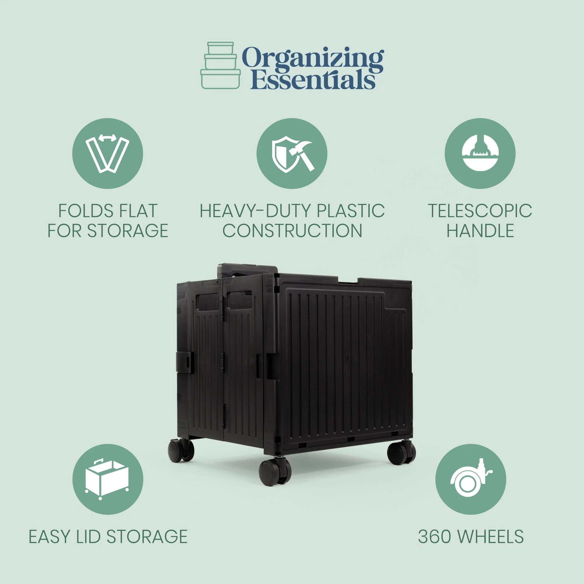 Organizing Essentials Black Collapsible Rolling Cart with Lid & 360° Wheels 7 Organizing Essentials Black Collapsible Rolling Cart with Lid & 360° Wheels