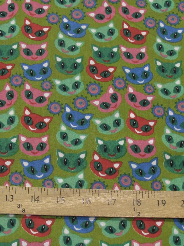 Halloween Cats Olive Poly Cotton Fabric