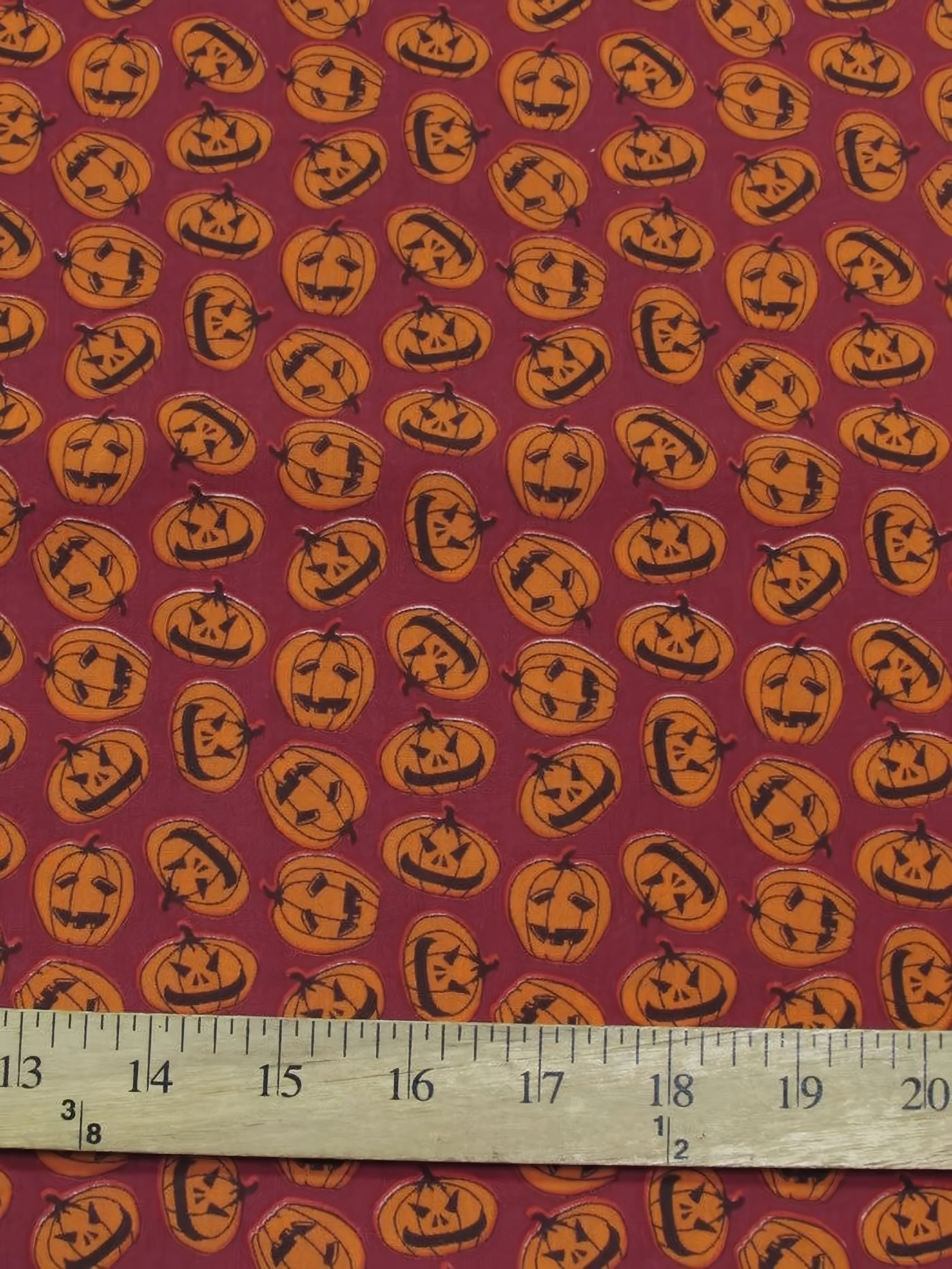Halloween Pumpkins Burgundy Poly Cotton Fabric
