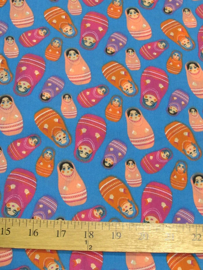 Russian Matryoshka Doll Turquoise Polyester Cotton Fabric 1 Russian Matryoshka Doll Turquoise Polyester Cotton Fabric