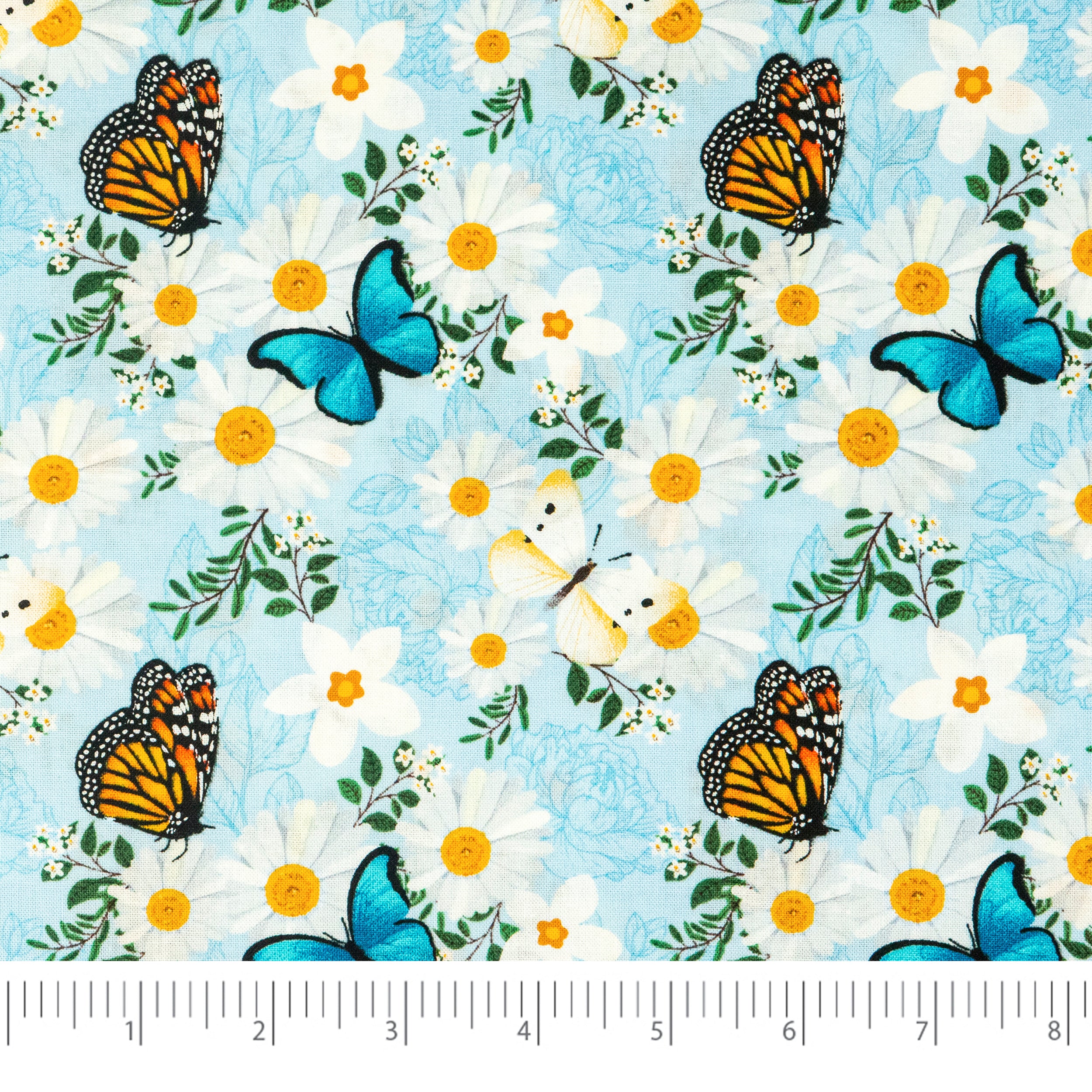 SINGER® Fabric, 100% Cotton, 44 Inch Wide, Blue And Orange Butterfly, Cut by the Yard 1 SINGER® Fabric, 100% Cotton, 44 Inch Wide, Blue And Orange Butterfly, Cut by the Yard