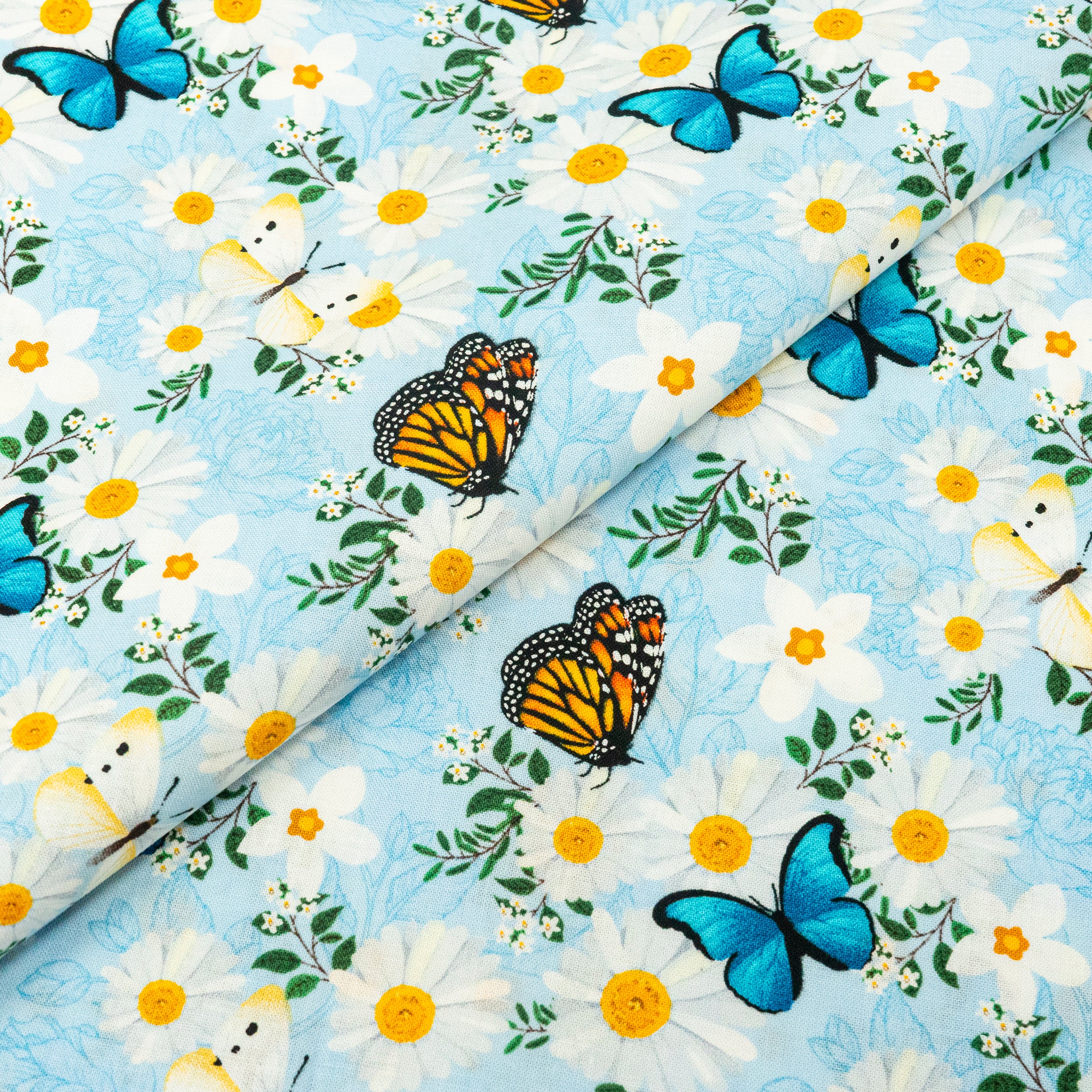 SINGER® Fabric, 100% Cotton, 44 Inch Wide, Blue And Orange Butterfly, Cut by the Yard 2 SINGER® Fabric, 100% Cotton, 44 Inch Wide, Blue And Orange Butterfly, Cut by the Yard