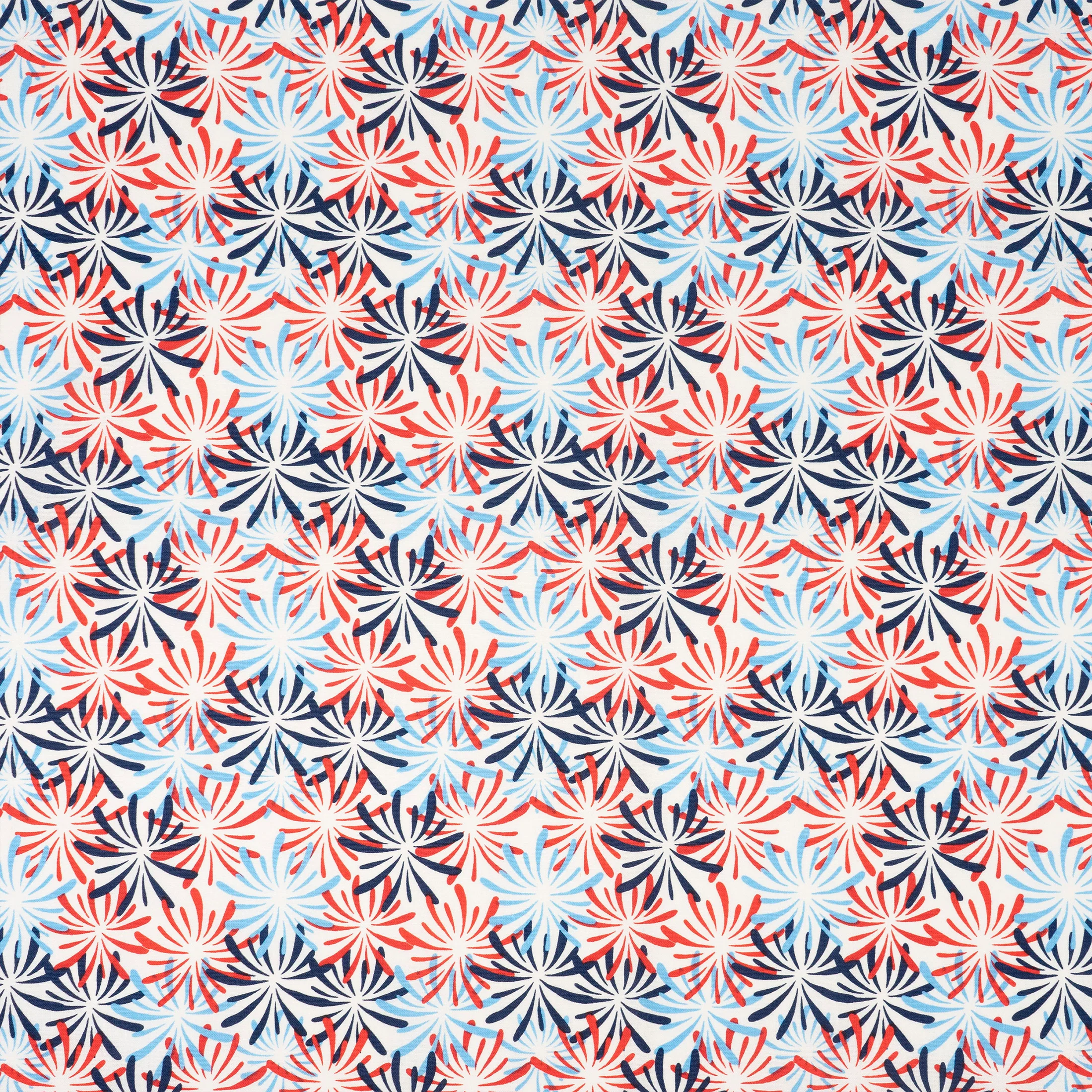 SINGER® Fabric, 100% Cotton, Red, Wht Blue Fireworks On White, Cut by the Yard
