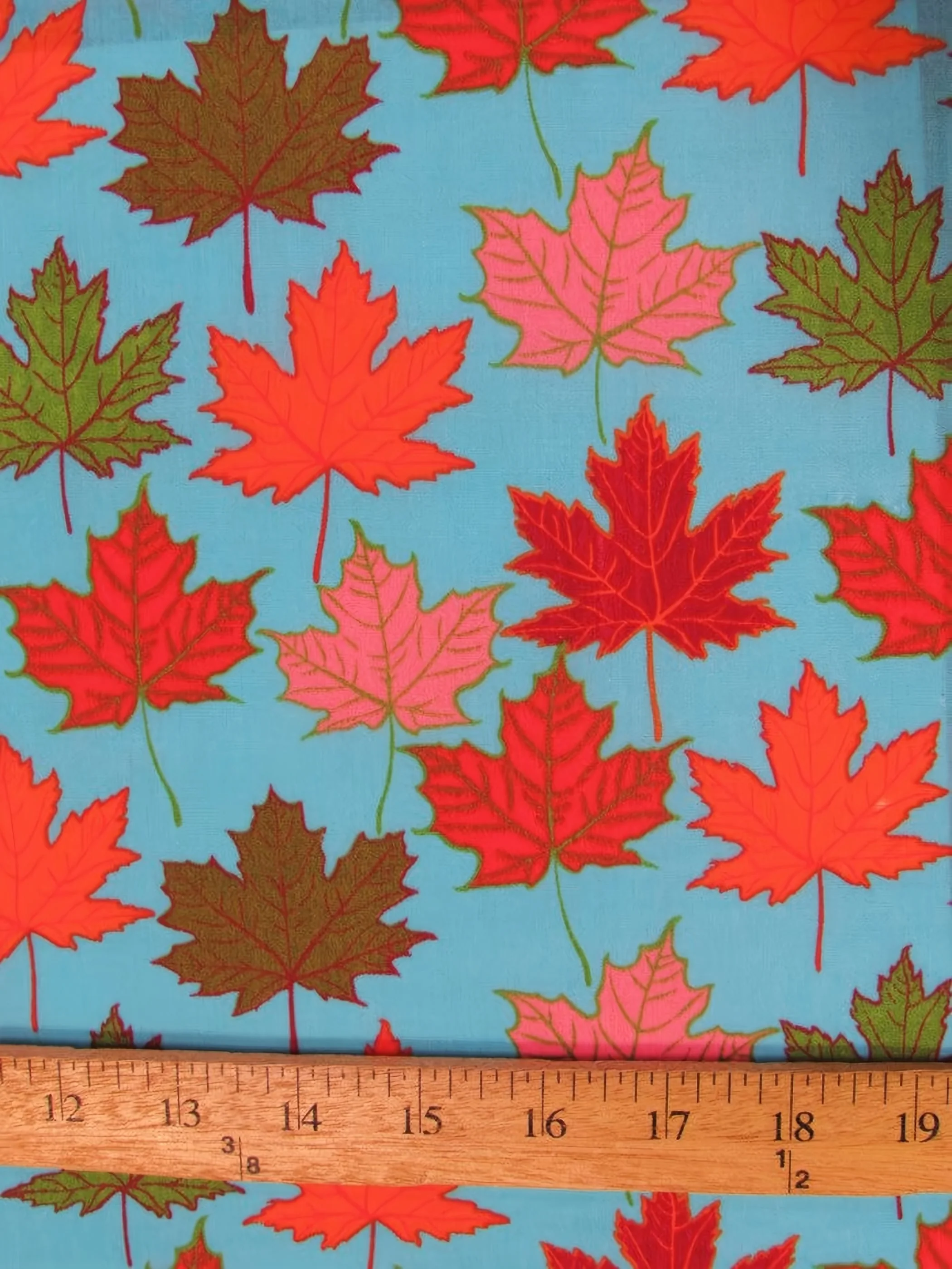 Autumn Leaves Turquoise Cotton Polyester Fabric