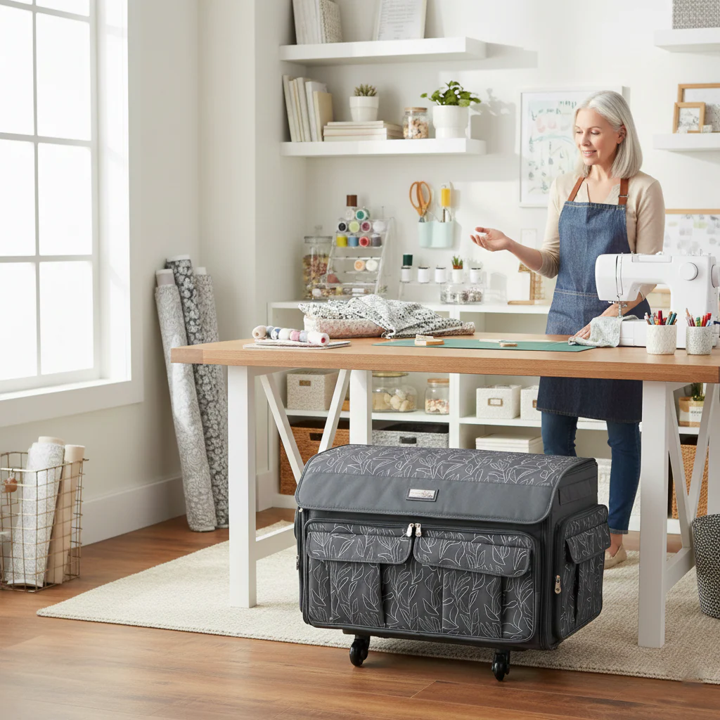 Everything Mary XXL 4 Wheel Collapsible Rolling Sewing Machine Storage Case, Grey Floral 2 Everything Mary XXL 4 Wheel Collapsible Rolling Sewing Machine Storage Case, Grey Floral