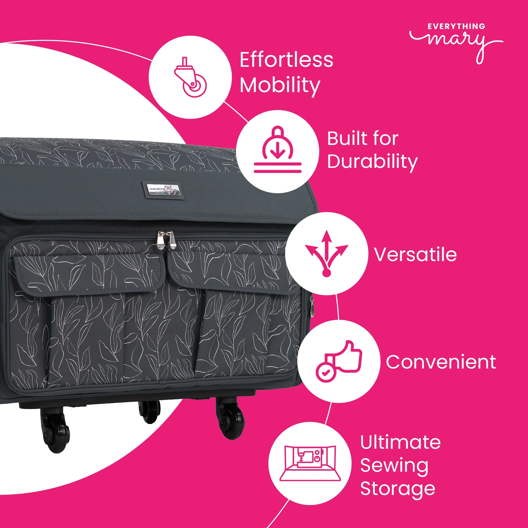 Everything Mary XXL 4 Wheel Collapsible Rolling Sewing Machine Storage Case, Grey Floral 4 Everything Mary XXL 4 Wheel Collapsible Rolling Sewing Machine Storage Case, Grey Floral