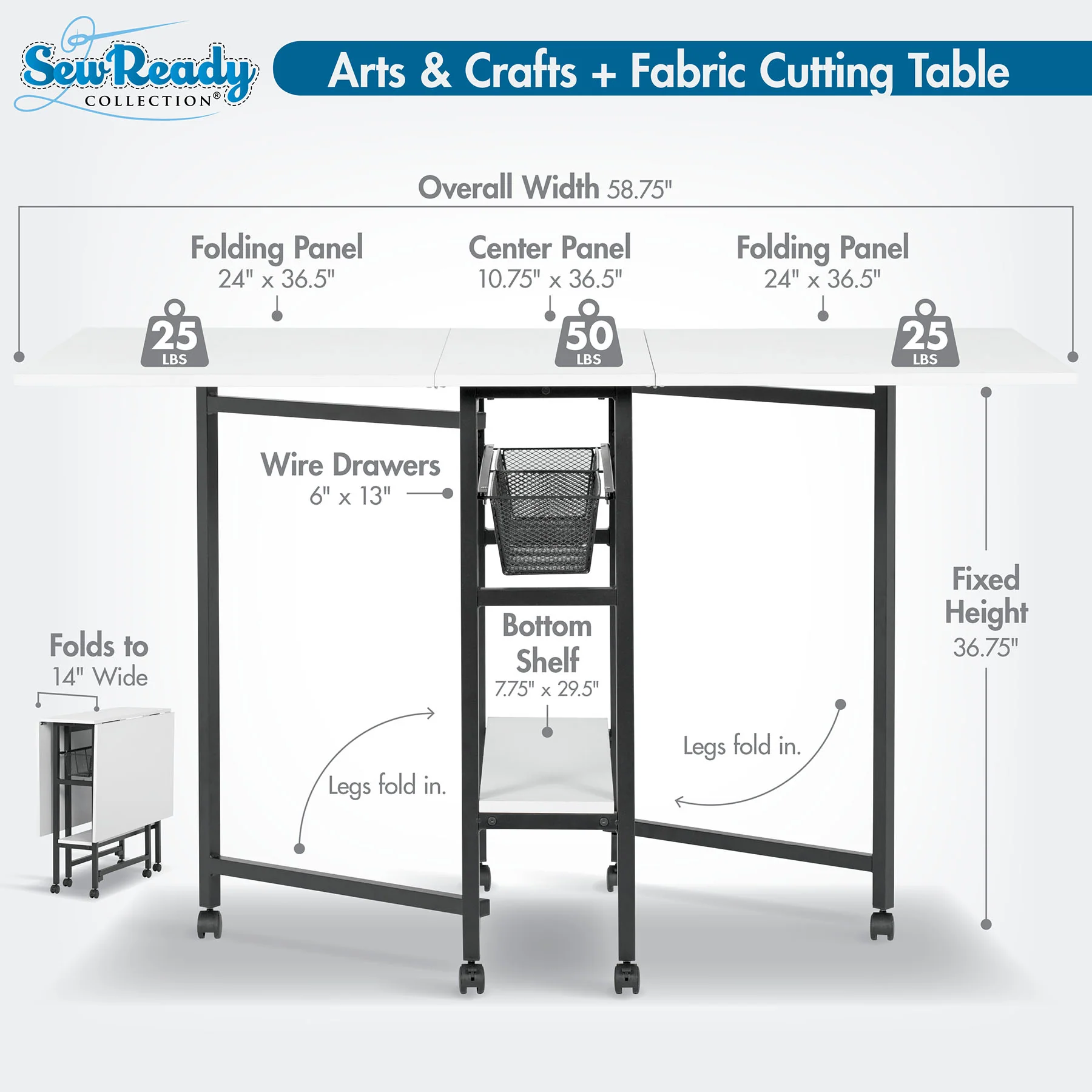 Sew Ready 36" Cutting Table with Basket Charcoal / White 6 Sew Ready 36" Cutting Table with Basket Charcoal / White