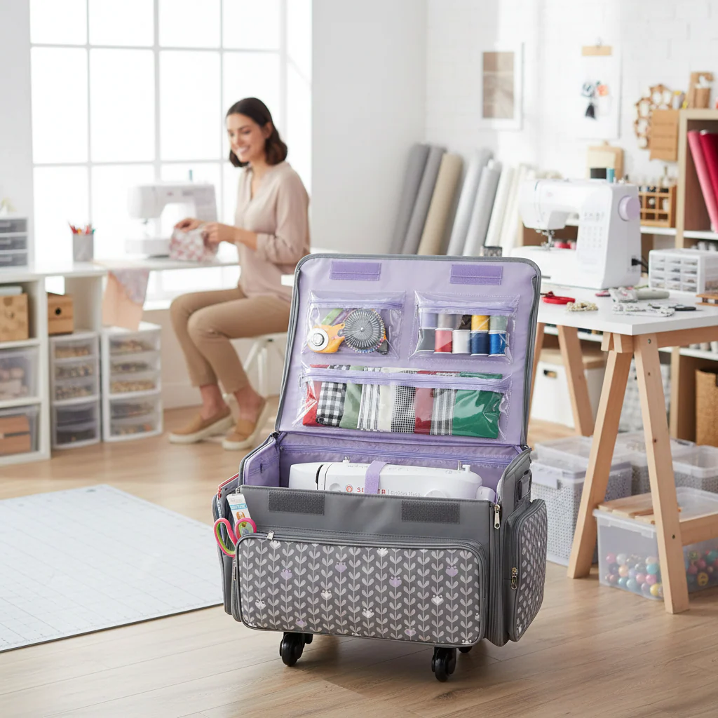 XL 4 Wheel Collapsible Deluxe Rolling Sewing Machine Storage Case, Purple Floral 2 XL 4 Wheel Collapsible Deluxe Rolling Sewing Machine Storage Case, Purple Floral