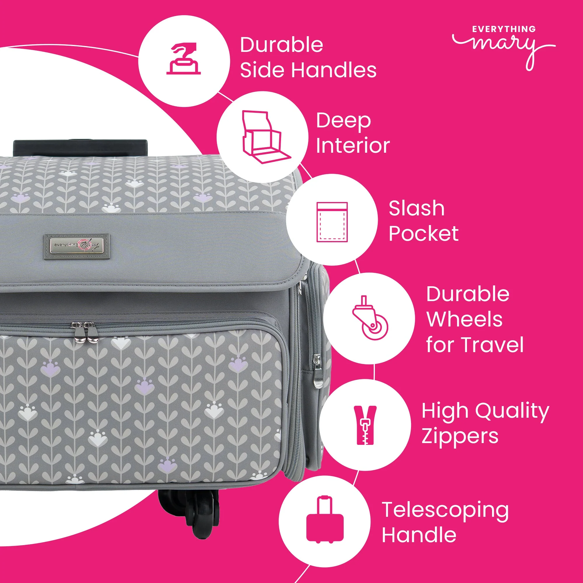 XL 4 Wheel Collapsible Deluxe Rolling Sewing Machine Storage Case, Purple Floral 3 XL 4 Wheel Collapsible Deluxe Rolling Sewing Machine Storage Case, Purple Floral