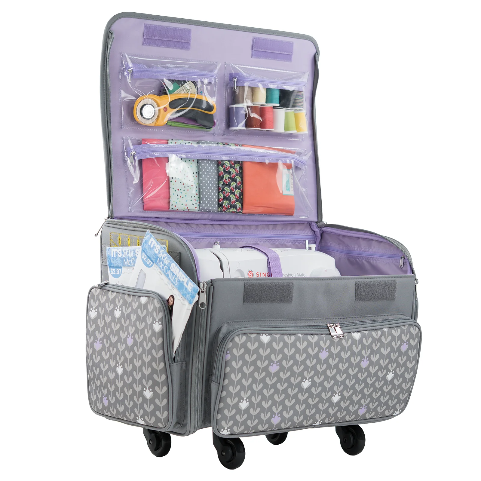 XL 4 Wheel Collapsible Deluxe Rolling Sewing Machine Storage Case, Purple Floral 7 XL 4 Wheel Collapsible Deluxe Rolling Sewing Machine Storage Case, Purple Floral