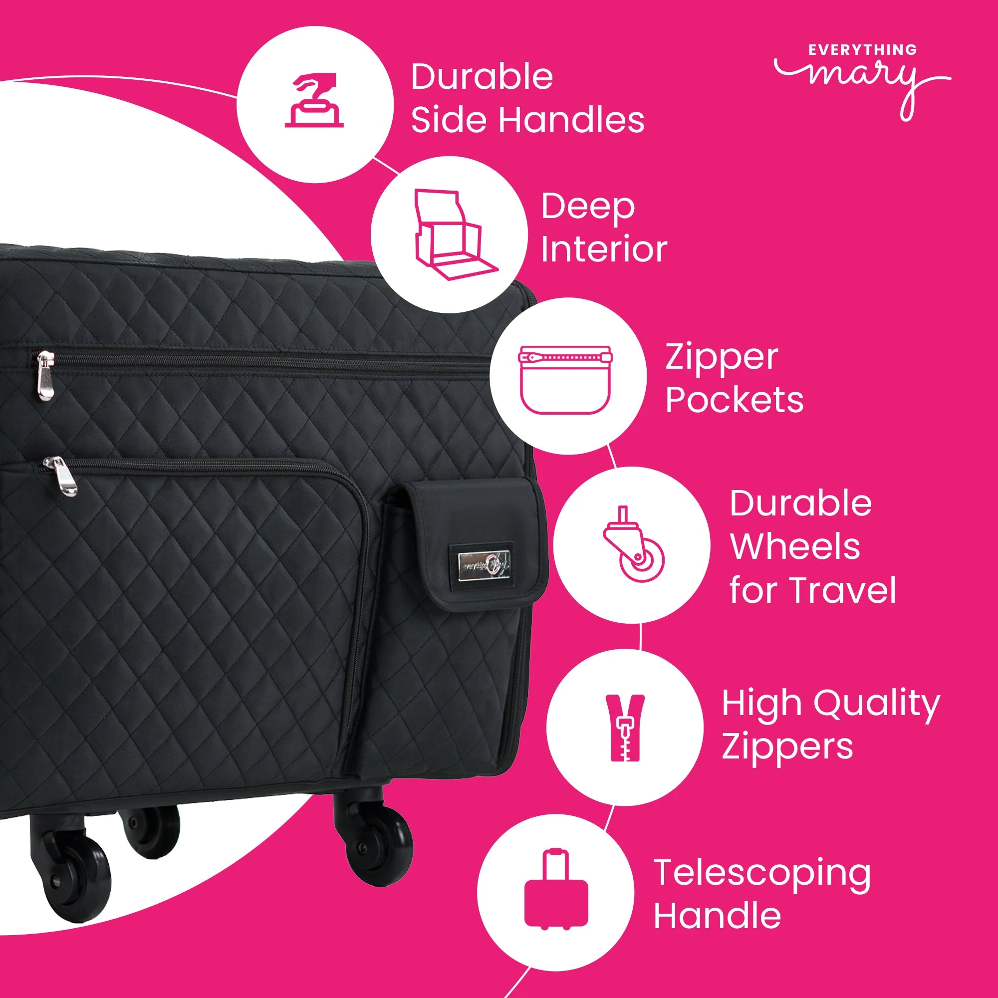 Everything Mary XL 4 Wheel Collapsible Rolling Sewing Machine Storage Case, Black Quilted 3 Everything Mary XL 4 Wheel Collapsible Rolling Sewing Machine Storage Case, Black Quilted