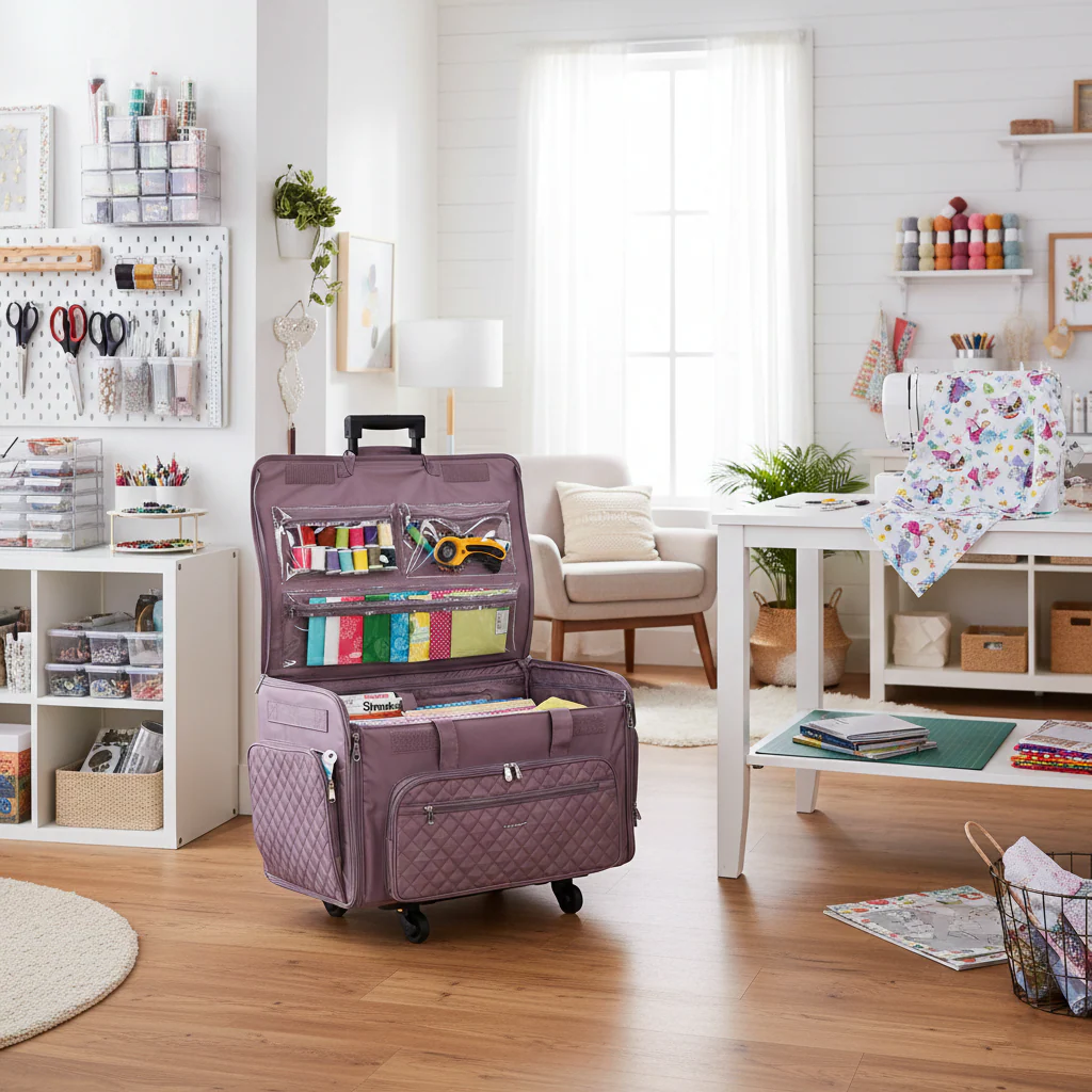 Everything Mary XXL 4 Wheel Collapsible Rolling Sewing Machine Storage Case, Purple Quilted 2 Everything Mary XXL 4 Wheel Collapsible Rolling Sewing Machine Storage Case, Purple Quilted