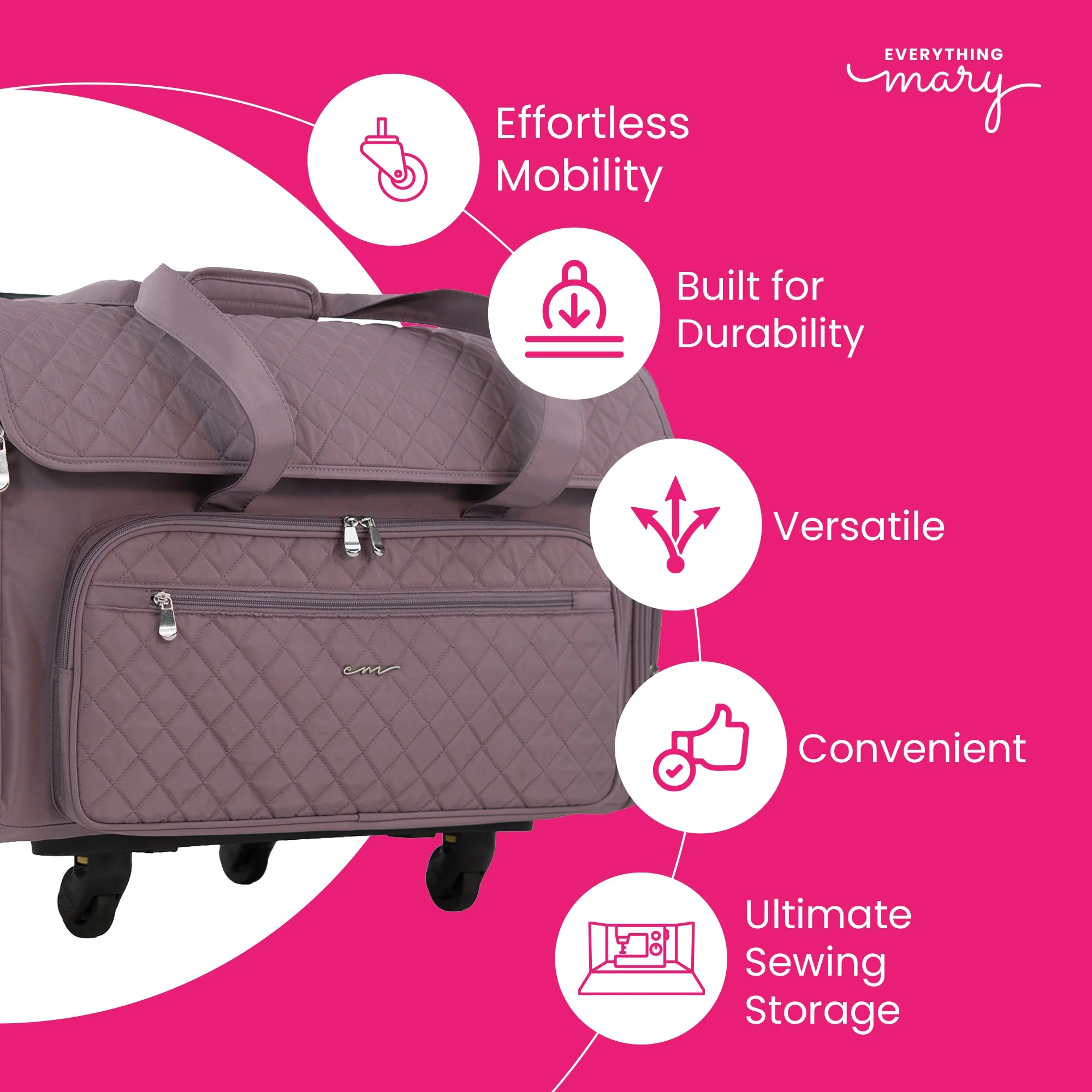 Everything Mary XXL 4 Wheel Collapsible Rolling Sewing Machine Storage Case, Purple Quilted 3 Everything Mary XXL 4 Wheel Collapsible Rolling Sewing Machine Storage Case, Purple Quilted