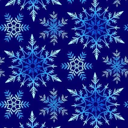 Blue Crystal Frost Snowflakes Cotton Wideback Fabric per yard